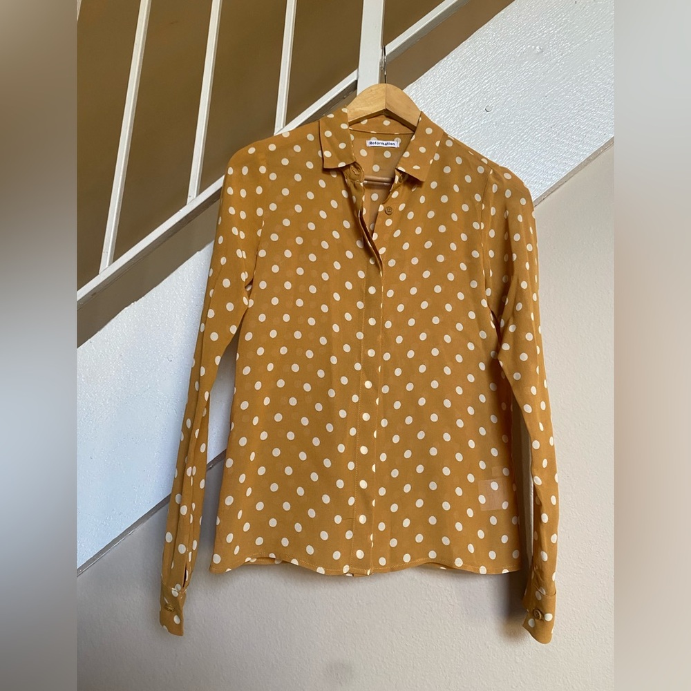 Polka Dot Button-Up Shirt - Mustard Yellow. Reformation